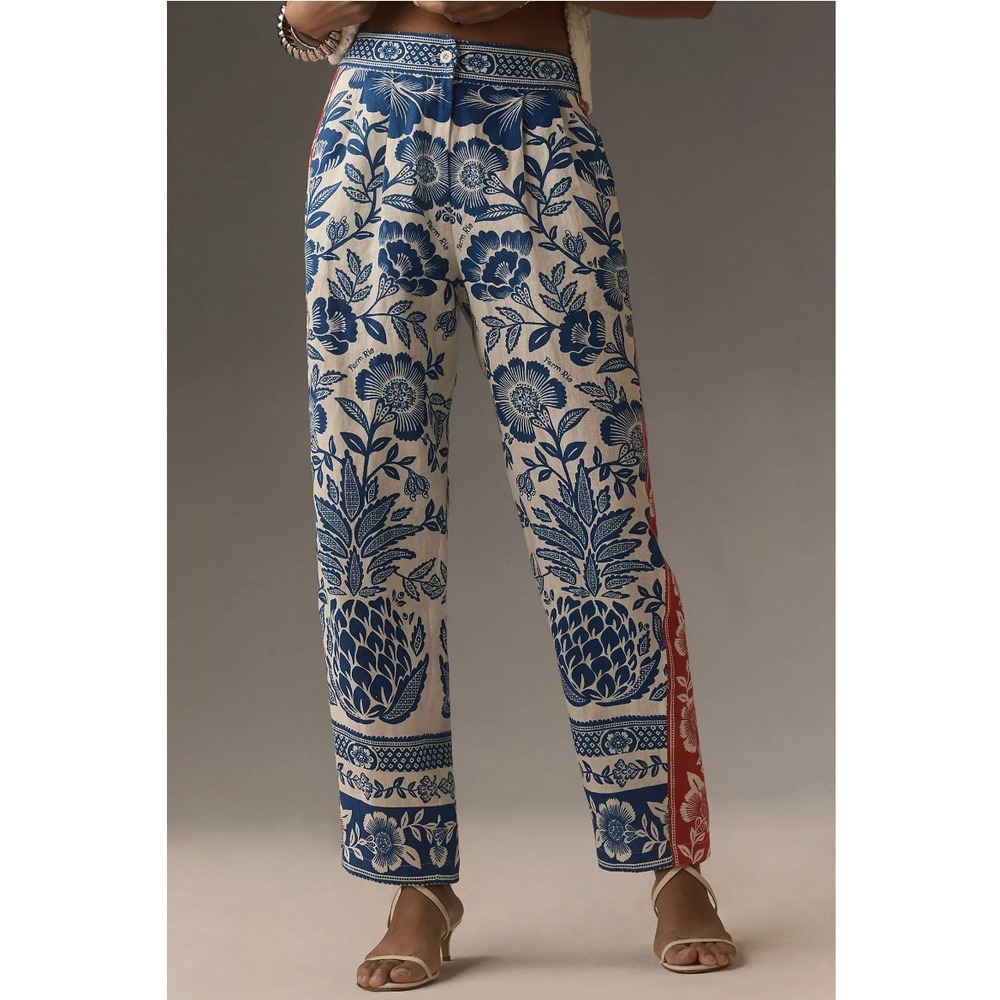 Farm Rio Anthropologie Floral Linen Pants M Blue White Pineapple Linen Tropical